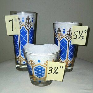 Complete 18 pc set MCM Cocktail Bar Royal & Gold Blue Fleur-de-lis Bar Glasses